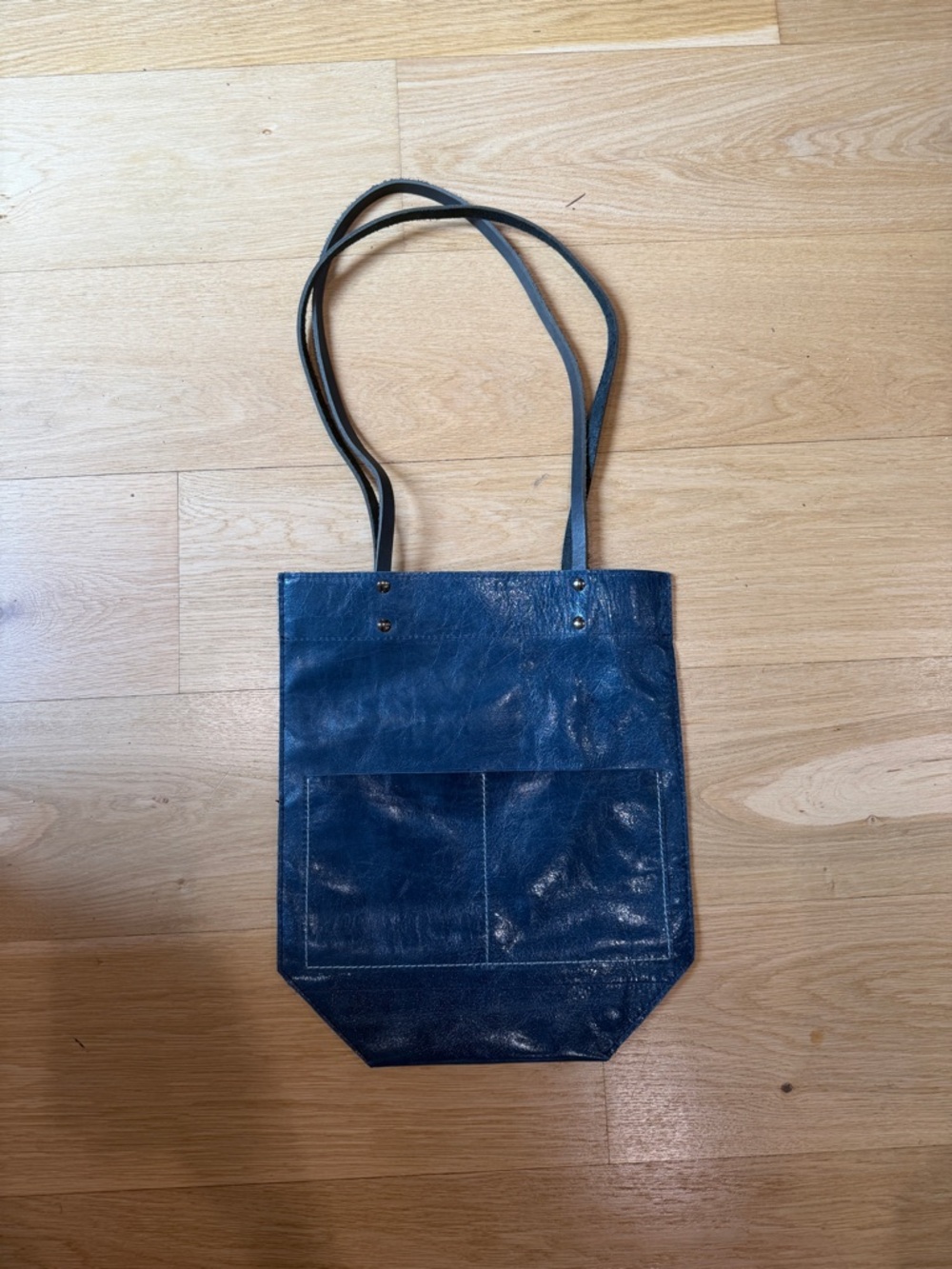 Blue Leather Tote Bag with Long Straps